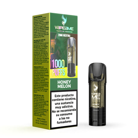 Capsula Vapeame To Revive Honey Melon x1, vape pod ricaricabile con e-liquid al gusto di melone dolce tipo melata, capacità di 2 ml, 20 mg/ml di nicotina e fino a 1000 sbuffi, presentato insieme alla sua scatola originale con le informazioni sul prodotto.