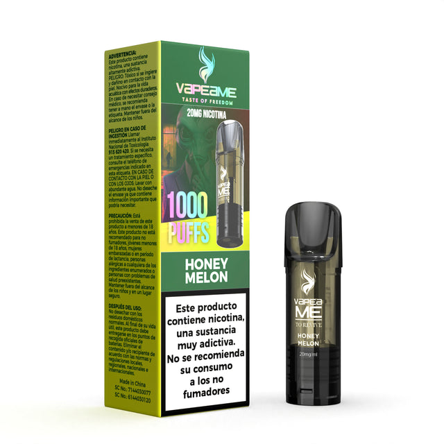 Capsula Vapeame To Revive Honey Melon x1, vape pod ricaricabile con e-liquid al gusto di melone dolce tipo melata, capacità di 2 ml, 20 mg/ml di nicotina e fino a 1000 sbuffi, presentato insieme alla sua scatola originale con le informazioni sul prodotto.