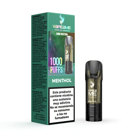 Capsula Vapeame To Revive Menthol x1, vaporizzatore ricaricabile con e-liquid rinfrescante al gusto di mentolo, capacità di 2 ml, 20 mg/ml di nicotina e fino a 1000 boccate, presentato insieme alla sua scatola originale con le informazioni sul prodotto.
