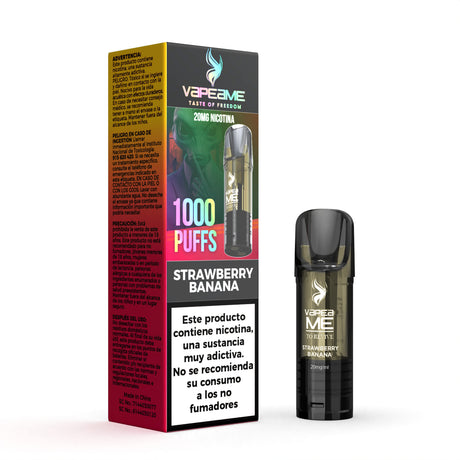 Capsula Vapeame To Revive Strawberry Banana x1, vape pod ricaricabile al gusto di fragola e banana e-liquid con mix dolce e fruttato, capacità di 2 ml, 20 mg/ml di nicotina e fino a 1000 boccate, presentato insieme alla sua scatola originale.