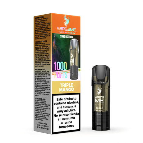 Capsula Vapeame To Revive Triple Mango x1, vape pod ricaricabile con e-liquid dal sapore intenso di mango tropicale, capacità di 2 ml, 20 mg/ml di nicotina e fino a 1000 boccate, presentato insieme alla sua scatola originale con le informazioni sul prodotto.