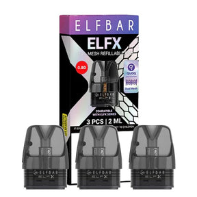 Cartouche ELFBAR ELFX (pack de 3 unités), avec design transparent et embout intégré, système de maille rechargeable de 2 ml et résistance de 0,8 ohm pour une vapotage équilibrée de saveur et de vapeur.