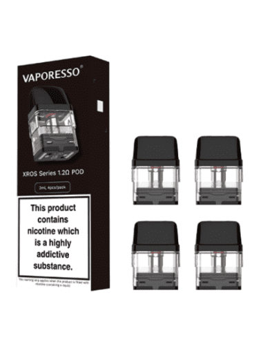 Pack de 4 cartuchos recargables Vaporesso Xros 1.0 ohm con depósito transparente y boquilla negra, presentados junto a su caja original Vaporesso Xros Series.