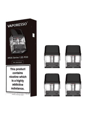 Pack de 4 cartuchos recargables Vaporesso Xros 1.0 ohm con depósito transparente y boquilla negra, presentados junto a su caja original Vaporesso Xros Series.
