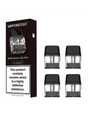 Pack de 4 cartuchos recargables Vaporesso Xros 1.0 ohm con depósito transparente y boquilla negra, presentados junto a su caja original Vaporesso Xros Series.