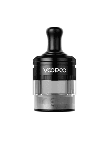 Cartucho recargable Voopoo PnP X Empty MTL de 5 ml (pack de 2 unidades), con diseño cilíndrico, depósito transparente, base oscura y boquilla estrecha para vapeo boca a pulmón.