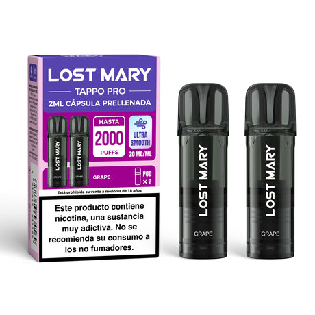 Cartucho x2 Lost Mary Tappo Grape: cápsulas precargadas diseñadas para dispositivos Lost Mary Tappo / Tappo Air / Tappo Pro, con sabor uva dulce y jugosa, ofreciendo una experiencia afrutada intensa y suave.