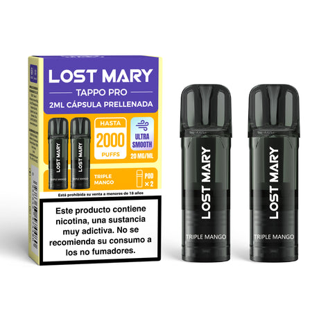 Cartucho x2 Lost Mary Tappo Triple Mango: cápsulas precargadas compatibles con dispositivos Lost Mary Tappo / Tappo Pro / Tappo Air, con sabor mezcla intensa de tres variedades de mango, ofreciendo una experiencia tropical dulce, jugosa y muy aromática.