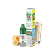Líquido Donut King Salts Banana Shake 10 ml con botella y caja original, acompañado de plátano y batido cremoso que representan su sabor.