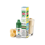 Liquide Donut King Salts Banana Shake 10 ml avec bouteille et boîte originale, accompagné de banane et de shake crémeux qui représentent sa saveur.