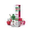 Líquido Donut King Salts Cherry Ice 10 ml con botella y caja original, acompañado de cerezas y cubitos de hielo que representan su sabor.