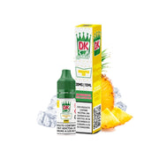 Liquid Donut King Salts Pineapple Ice 10 ml with bottle and original box, accompanied by pineapple and ice cubes that represent its flavor.