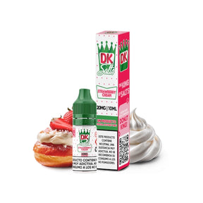 Liquido Donut King Sali Crema di Fragole 10 ml con bottiglia e scatola originali, accompagnati da fragole e panna che ne rappresentano il sapore.
