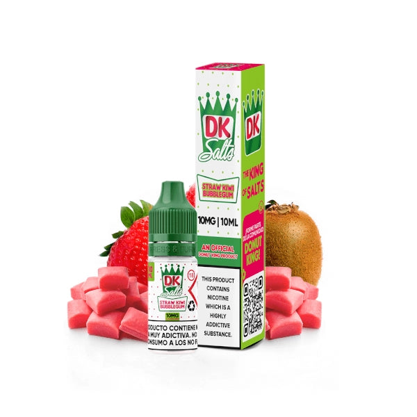 Liquido Donut King Sali Strawberry Kiwi Bubblegum 10 ml con flacone e scatola originale, accompagnati da fragole, kiwi e bubblegum che ne rappresentano il sapore.