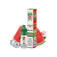 Líquido Donut King Salts Watermelon Ice 10 ml con botella y caja original, acompañado de rodajas de sandía y cubitos de hielo que representan su sabor.