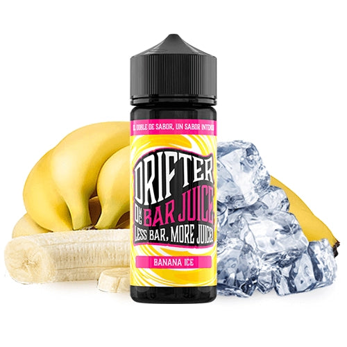 Scent Drifter Bar Juice Banana Ice 24 ml in longfill format, bottle with a yellow label next to banana and ice cubes that represent its flavor.