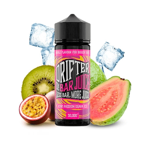 Parfum Drifter Bar Jus Kiwi Passion Guava Ice 24 ml en format longfill, bouteille avec une étiquette verte accompagnée de kiwi, fruit de la passion, goyave et glace qui représentent sa saveur.