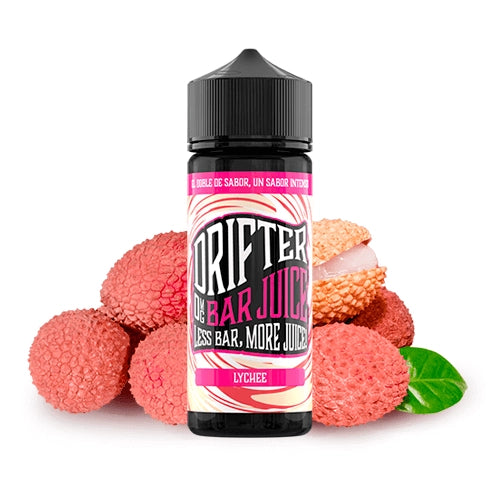 Aroma Drifter Bar Juice Lychee 24 ml en formato longfill, botella con etiqueta en tonos rosados junto a lichis que representan su sabor.