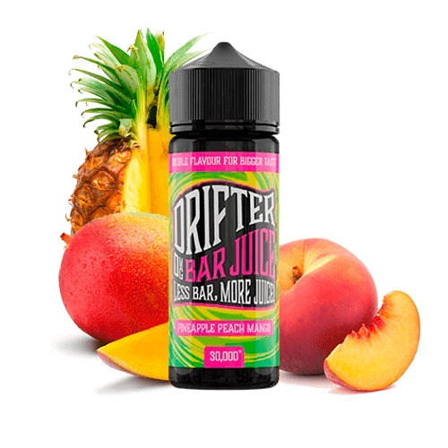 Aroma Drifter Bar Juice Pineapple Peach Mango 24 ml en formato longfill, botella con etiqueta tropical junto a piña, melocotón y mango que representan su sabor.