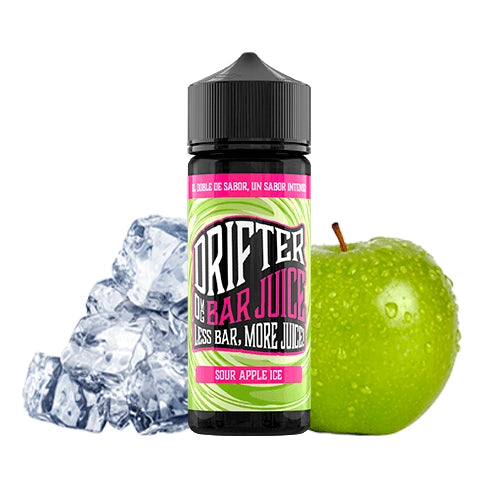 Aroma Drifter Bar Juice Sour Apple Ice 24 ml en formato longfill, botella con etiqueta verde junto a una manzana verde y cubitos de hielo que representan su sabor.