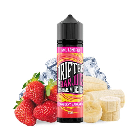 Aroma Drifter Bar Juice Strawberry Banana Ice 16 ml en formato longfill, botella con etiqueta en tonos frutales junto a fresas, plátano y hielo que representan su sabor.