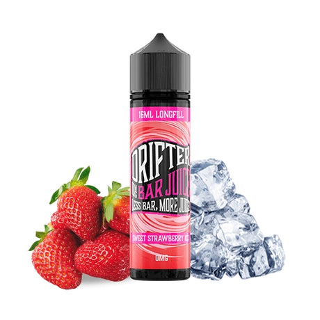 Aroma Drifter Bar Juice Sweet Strawberry Ice 16 ml en formato longfill, botella con etiqueta roja junto a fresas y hielo que representan su sabor.