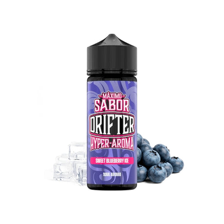 Aroma Drifter Hyper Blueberry Ice 10 ml en formato longfill, botella con etiqueta azul junto a arándanos y hielo que representan su sabor.