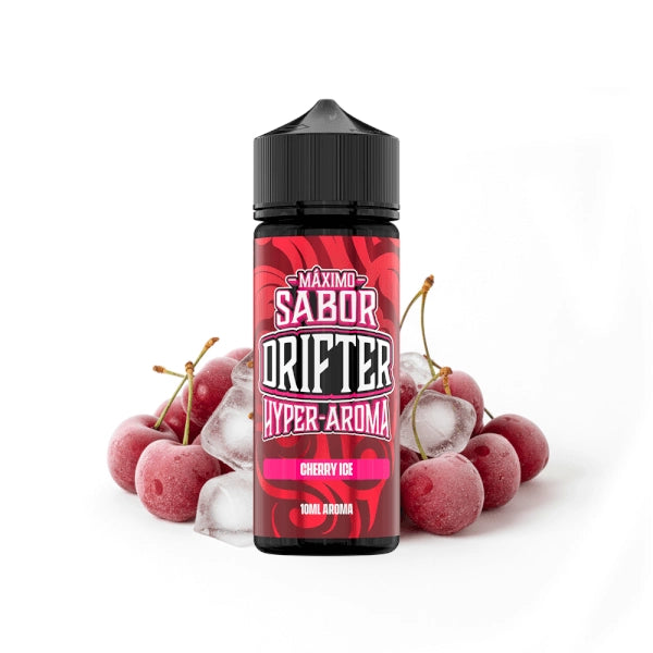 Aroma Drifter Hyper Cherry Ice 10 ml en formato longfill, botella con etiqueta roja junto a cerezas y hielo que representan su sabor.