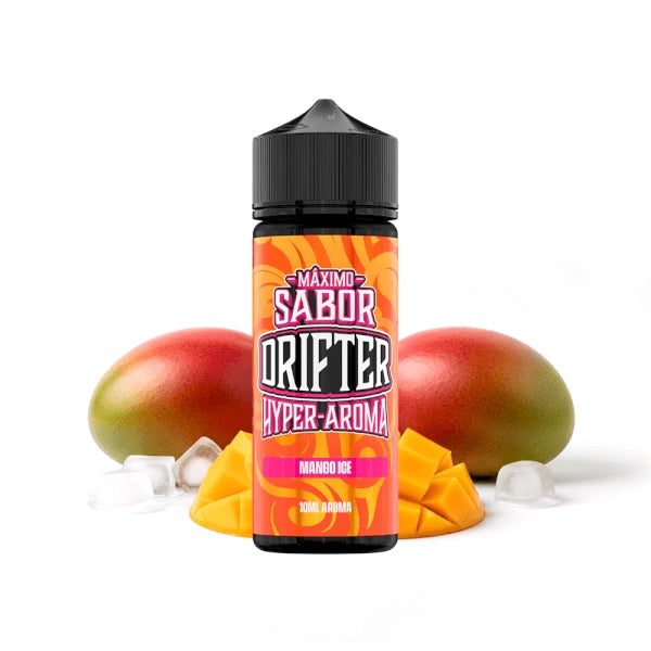 Aroma Drifter Hyper Mango Ice 10 ml in longfill format, bottle with a label in tropical tones next to mango and ice that represent its flavor.