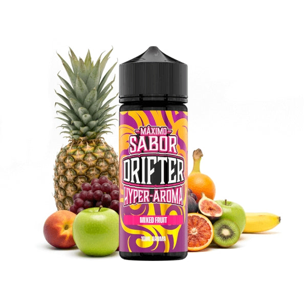 Aroma Drifter Hyper Mixed Fruit 10 ml en formato longfill, botella con etiqueta colorida junto a una mezcla de frutas que representan su sabor.