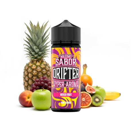 Aroma Drifter Hyper Mixed Fruit 10 ml en formato longfill, botella con etiqueta colorida junto a una mezcla de frutas que representan su sabor.