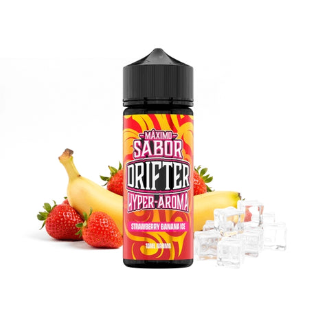 Aroma Drifter Hyper Strawberry Banana 10 ml in longfill format, bottle with a label in fruity tones along with strawberries and banana that represent its flavor.