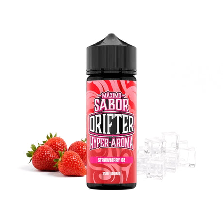 Aroma Drifter Hyper Strawberry Ice 10 ml en formato longfill, botella con etiqueta roja junto a fresas y hielo que representan su sabor.