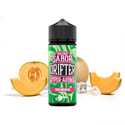 Aroma Drifter Hyper Triple Melon Ice 10 ml en format longfill, bouteille avec une étiquette verte à côté de différents types de melon et de glace qui représentent sa saveur.