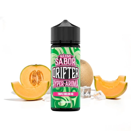 Aroma Drifter Hyper Triple Melon Ice 10 ml en formato longfill, botella con etiqueta verde junto a diferentes tipos de melón y hielo que representan su sabor.