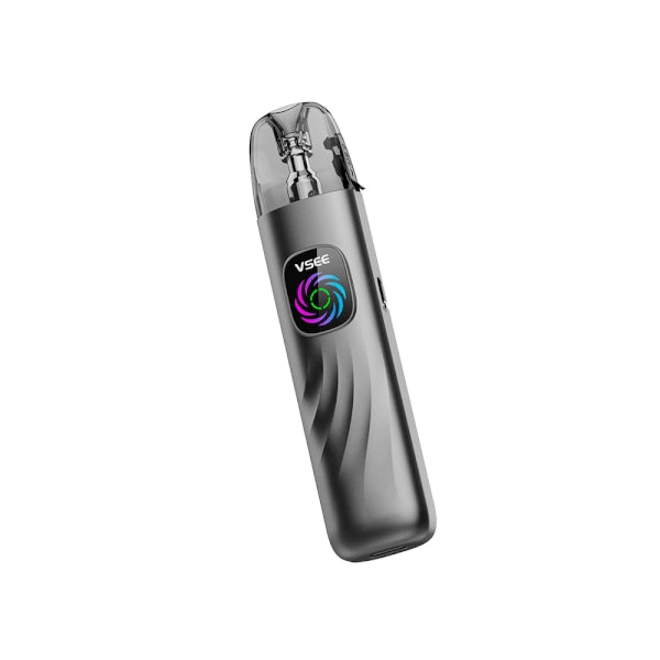Vape HellVape Vsee Pod Kit in metallic gray color, with compact and ergonomic design, transparent mouthpiece on the top and front screen with multicolor LED indicator.