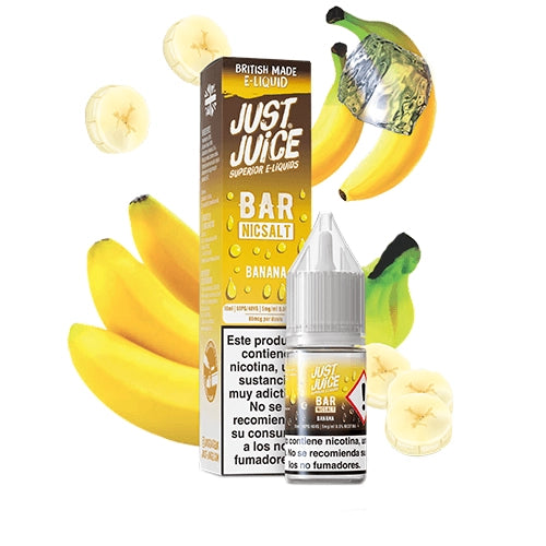 Líquido para vapeo Just Juice Bar Banana Ice con sales de nicotina, botella junto a su caja en tonos amarillos, acompañado de plátano y cubitos de hielo.