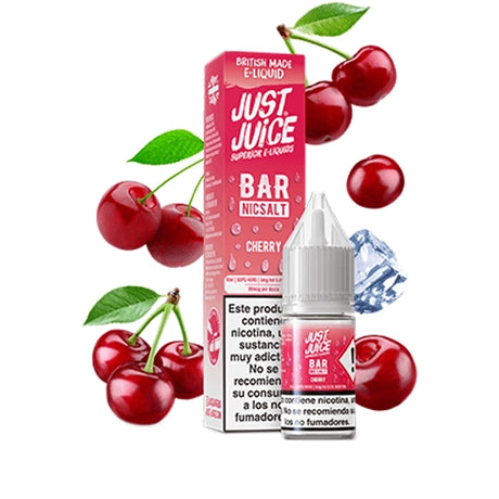 Líquido para vapeo Just Juice Bar Cherry Ice con sales de nicotina, botella junto a su caja en tonos rojos, acompañado de cerezas y cubitos de hielo.