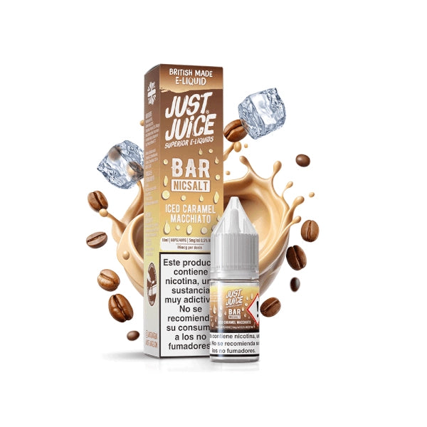 Líquido para vapeo Just Juice Bar Ice Caramel Macchiato con sales de nicotina, botella junto a su caja con diseño en tonos marrones, acompañado de café, caramelo y cubitos de hielo.