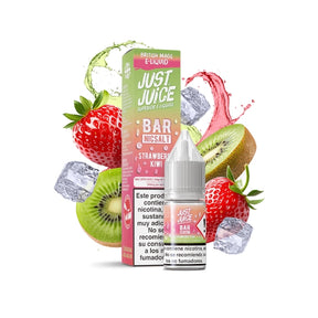 liquide de vapotage Just Juice Bar Fraise Kiwi aux sels de nicotine, flacon à côté de sa boîte dans les tons vert et rose, accompagné de fraises, kiwi et glaçons.