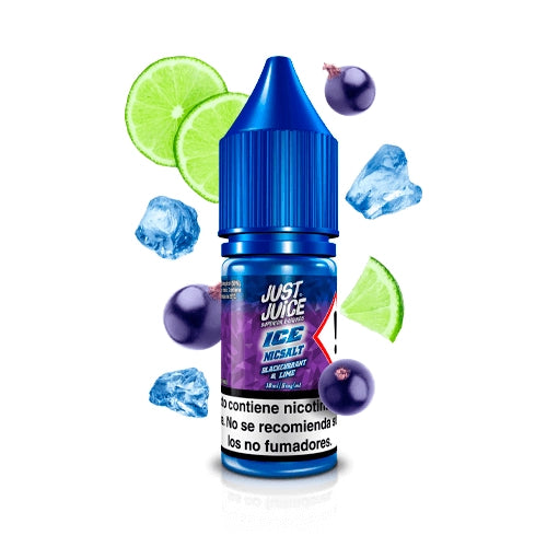 Líquido para vapeo Just Juice Ice Nic Salts Blackcurrant Lime 10ml, botella de sales de nicotina con diseño en tonos oscuros, acompañado de grosella negra, lima y cubitos de hielo.
