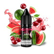 Líquido para vapeo Just Juice Iconic Fruit Nic Salts Watermelon Cherry 10ml, botella de sales de nicotina con diseño en tonos rojos, acompañado de sandía y cerezas.