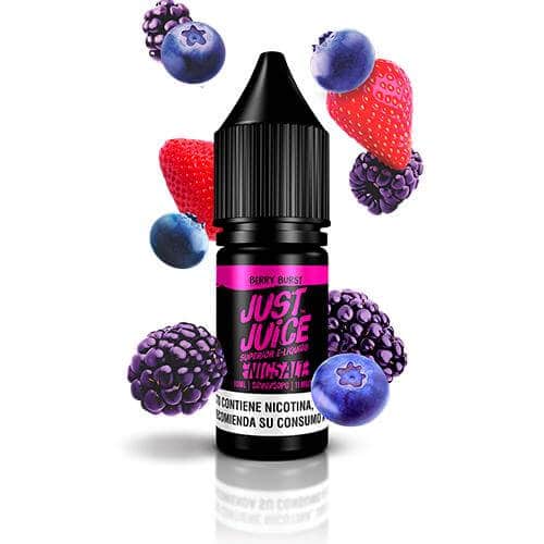 Líquido para vapeo Just Juice Nic Salts Berry Burst 10ml, botella de sales de nicotina con diseño en tonos morados, acompañado de una mezcla de frutos rojos que representan su sabor.