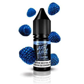 Líquido para vapeo Just Juice Nic Salts Blue Raspberry 10ml, botella de sales de nicotina con diseño en tonos azules, acompañado de frambuesa azul que representa su sabor.