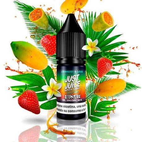 Líquido para vapeo Just Juice Nic Salts Exotic Fruits Strawberry & Curuba 10ml, botella de sales de nicotina con diseño en tonos rosados, acompañado de fresas y curuba que representan su sabor.