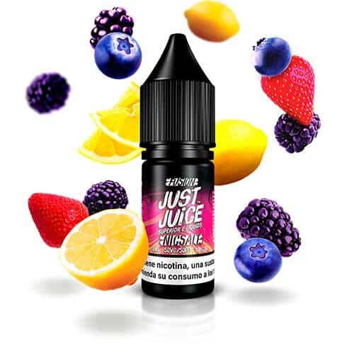 vaping liquid Just Juice Nic Salts Fusion Berry Burst Lemonade 10ml, bottle of nicotine salts with a design in purple and yellow tones, accompanied by red fruits and lemonade that represent its flavor.