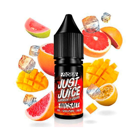 vaping liquid Just Juice Nic Salts Fusion Blood Orange Mango On Ice 10ml, bottle of nicotine salts with a design in orange and yellow tones, accompanied by blood orange, mango and ice cubes that represent its flavor.