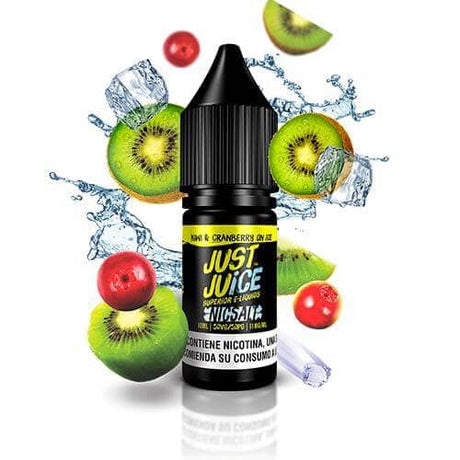 Líquido para vapeo Just Juice Nic Salts Kiwi & Cranberry On Ice 10ml, botella de sales de nicotina con diseño en tonos verdes y rojos, acompañado de kiwi, arándanos rojos y cubitos de hielo que representan su sabor.
