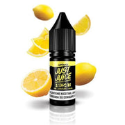 vaping liquid Just Juice Nic Salts Lemonade 10ml, bottle of nicotine salts with a yellow design, accompanied by lemonade and lemon slices that represent its flavor.