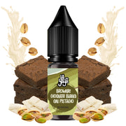 vaping liquid La Yaya Salts White Chocolate Brownie with Pistachio 10ml with nicotine salts, bottle with a design in cream and green tones, accompanied by brownie, white chocolate and pistachios that represent its flavor.